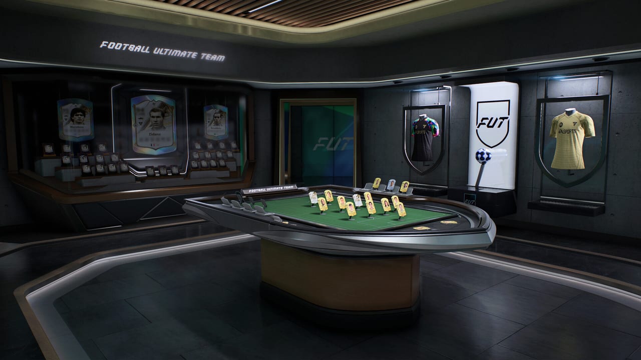 EA SPORTS FC 27 Football Ultimate Team Gallery Hub with a 3D squad table, kits, and ICON displays.